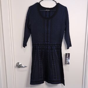 Nina Leonard Stretchy Knit Geometric Skater Dress 3/4 Sleeve NWT
